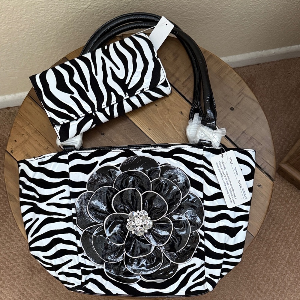 Jeweled Flower Black & White Zebra Print Shoulder Bag w/Matching Wallet- NWT